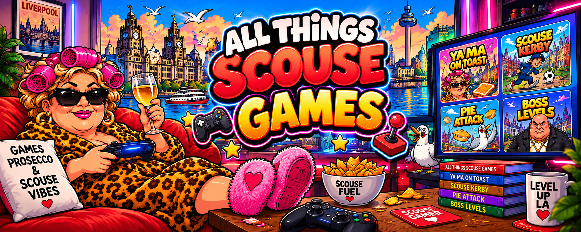All Things Scouse Games. Ya Ma on the sofa with a Liverpool waterfront view and arcade titles on the telly.